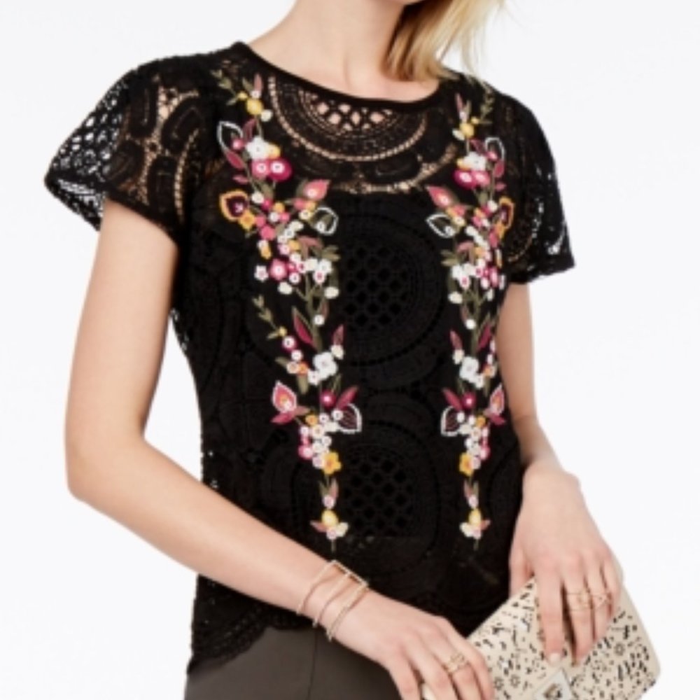 INC Womens Petites Crochet Embroidered Pullover Top